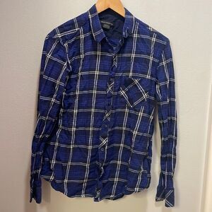 FRENCH Connection woman’s blue and white plaid striped long sleeve shirt.